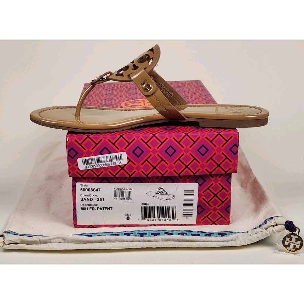 Tory Burch Miller Patent Sandals Women Size 8 Sand Leather Thong New In Box - Picture 8 of 8